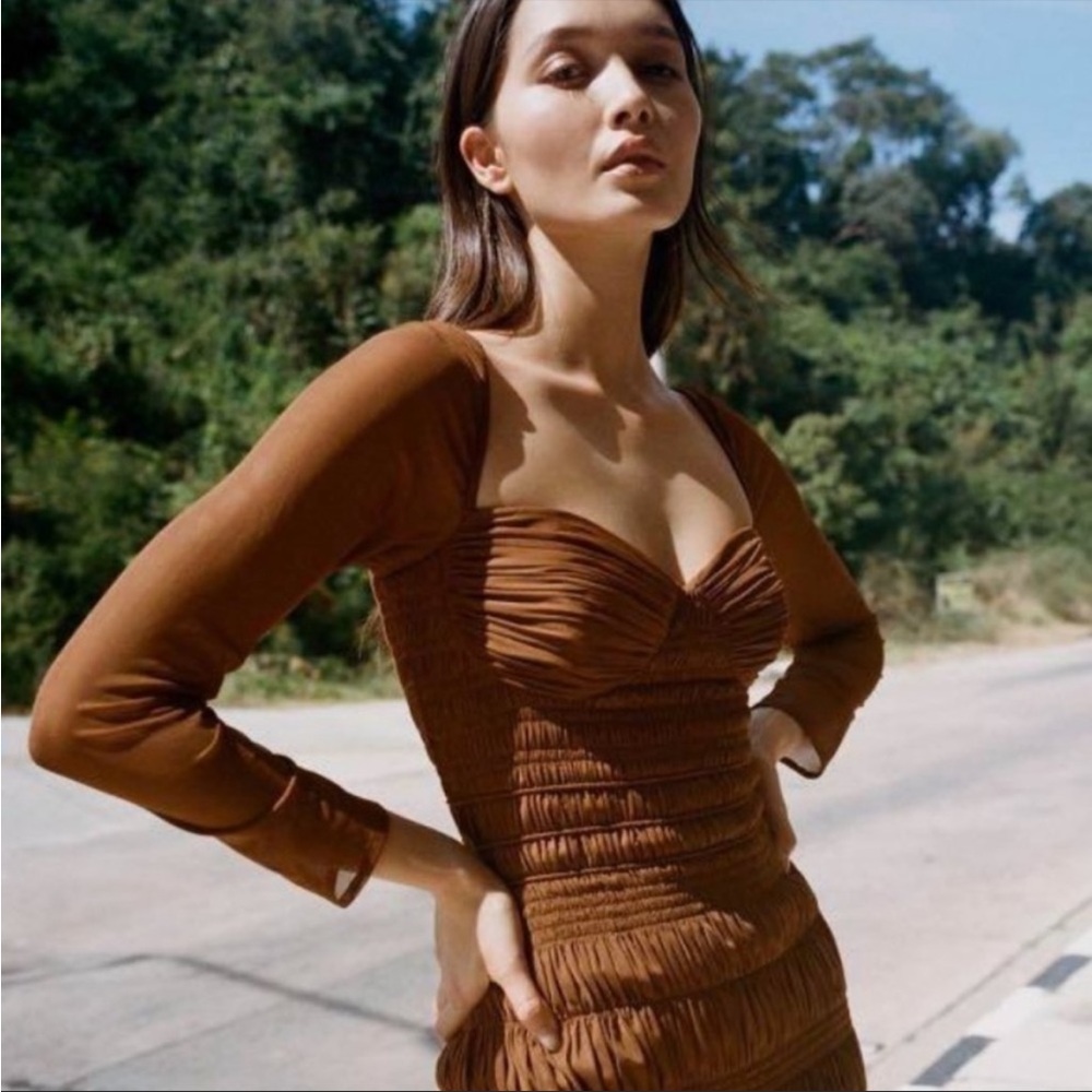 Self-Portrait Caramel Shirred Power Mesh Midi Dress Sz 8 US Womens